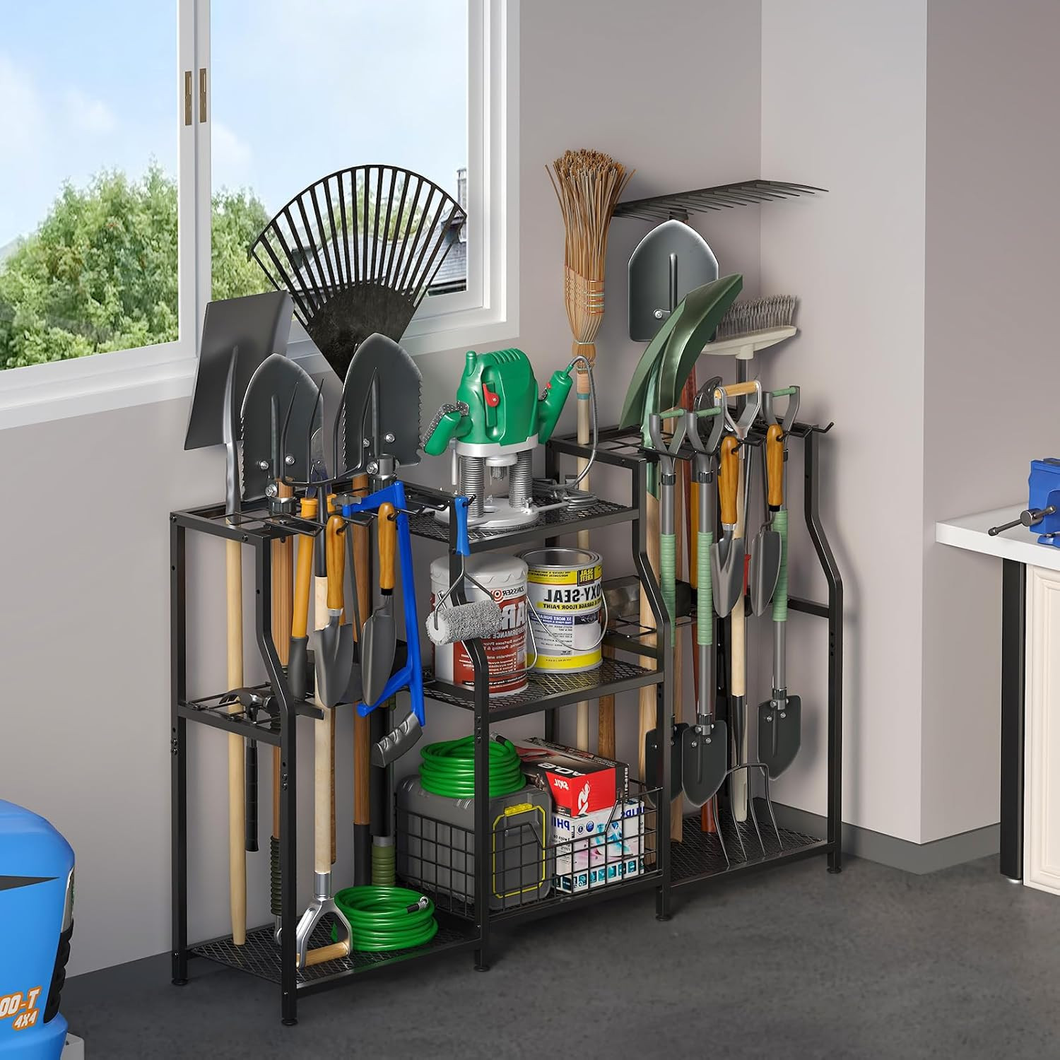 Heavy Duty Garden Tool Organizer Rack - 3 Tier Storage with Hooks