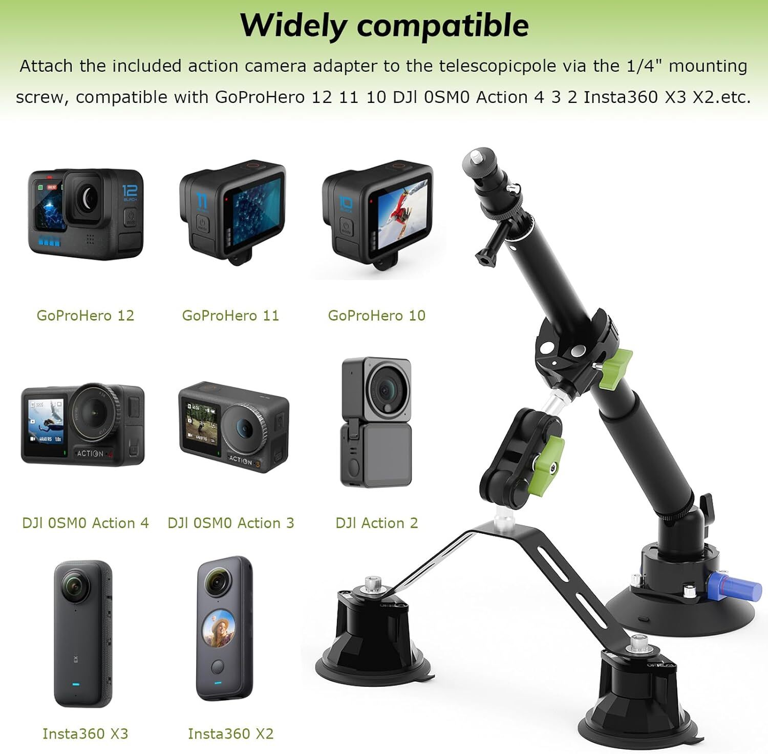 Triple Suction Cup 360 Camera Car Mount,with 2in1 Extension Pole/Selfie Stick