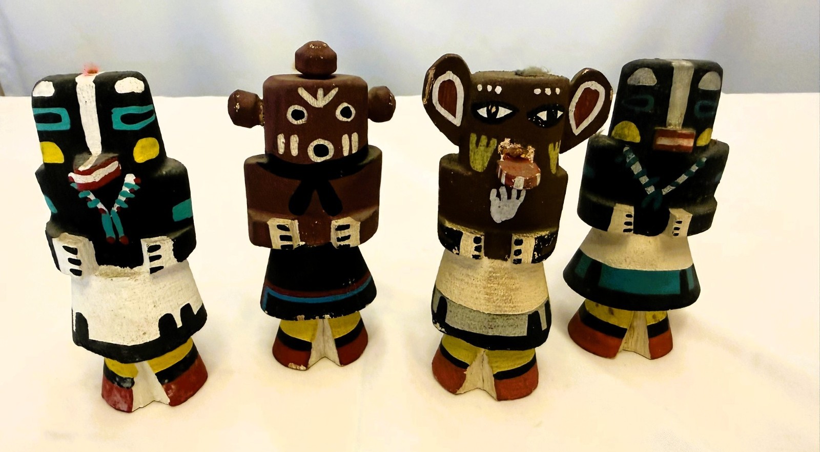 Lot of 4 HOPI KACHINA DOLLS, CARVED & PAINTED COTTONWOOD: Badger, Bear, Mud Head