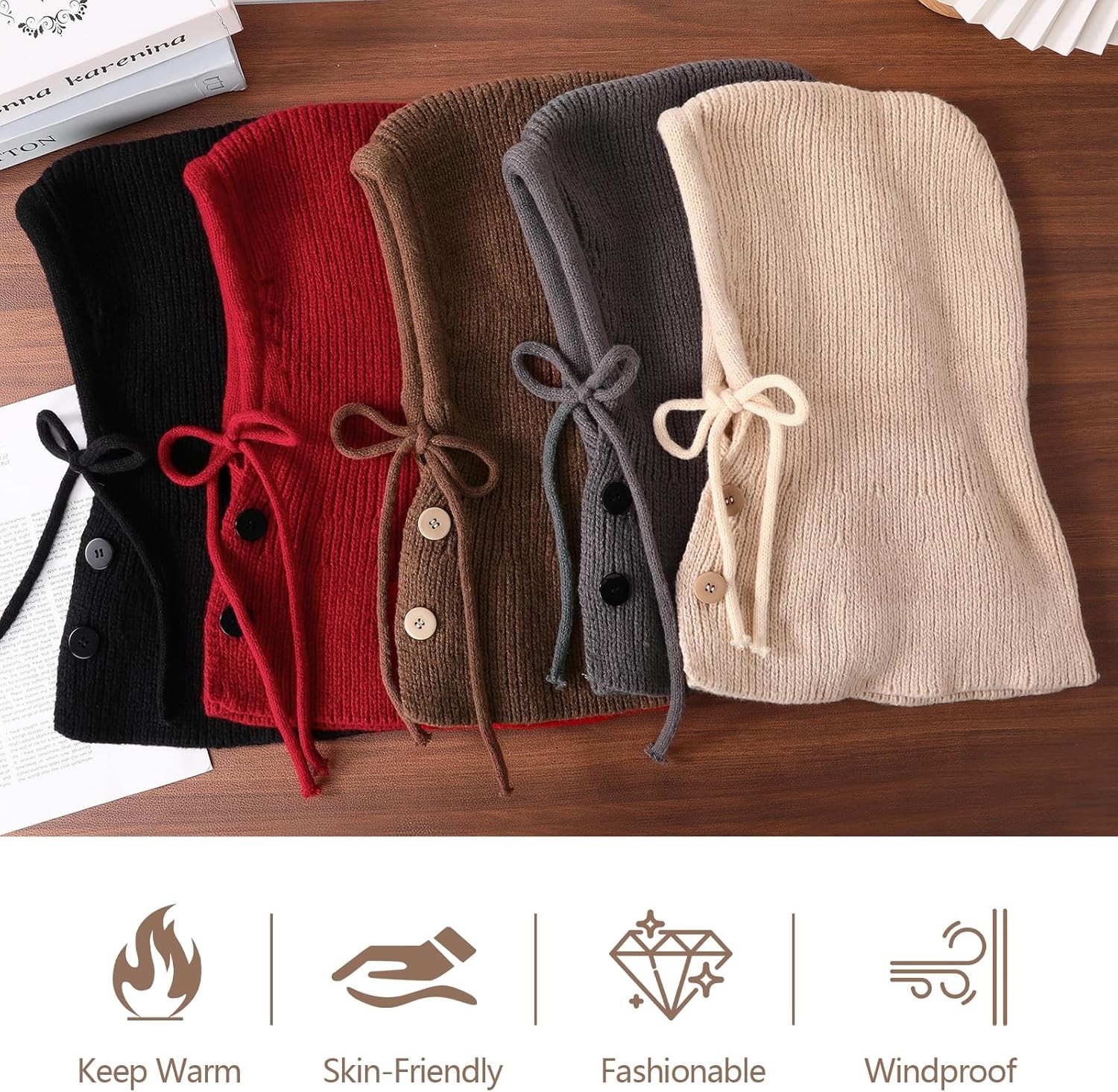 Balaclava Hat for Women, Warm Ear Neck Hooded Scarf with Drawstring, Grey