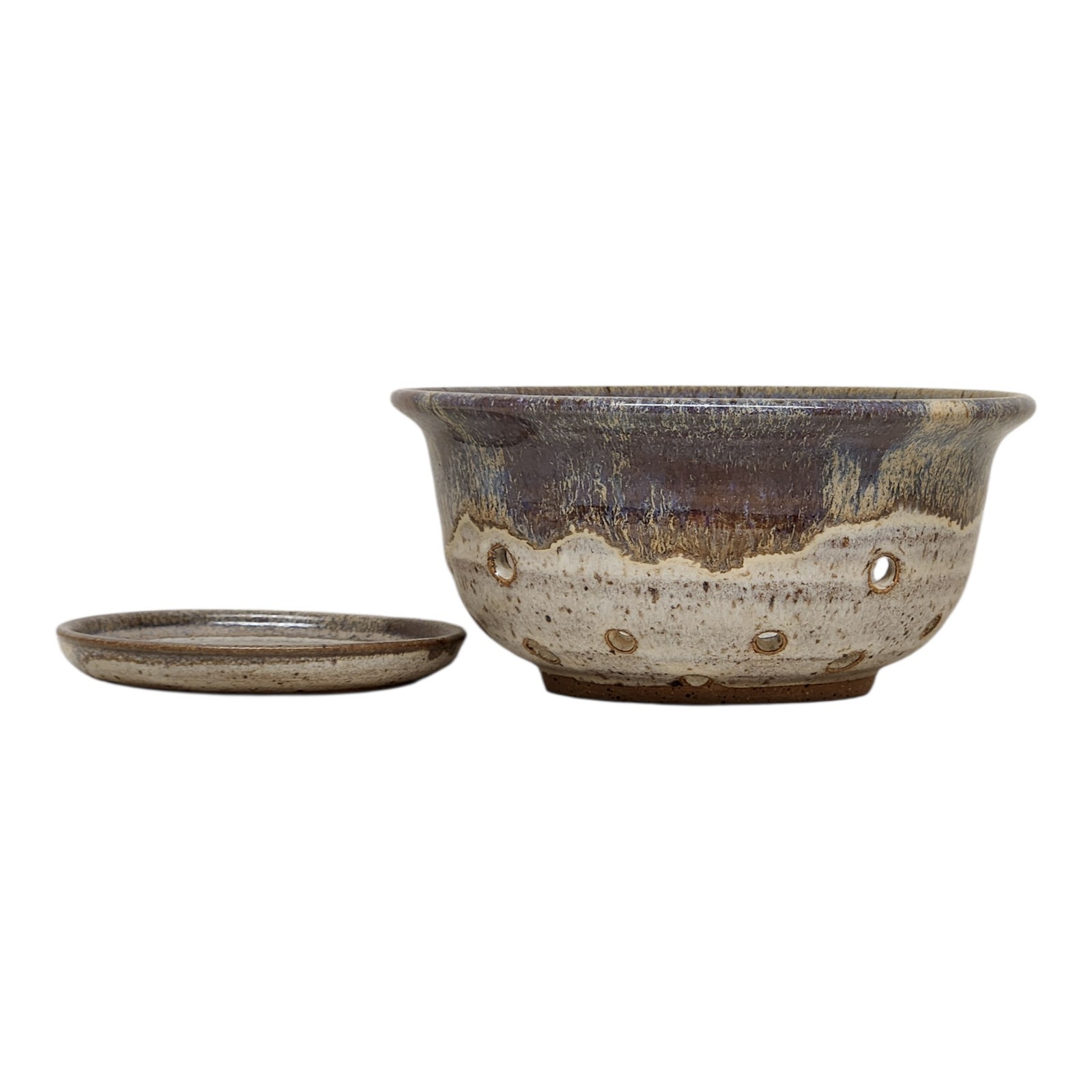 Studio Art Pottery Stoneware Berry Colander Strainer Bowl Underplate Signed