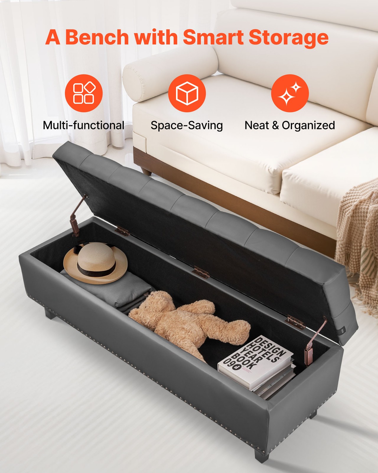 Uimoso Button-Tufted Storage Ottoman Bench PU Leather Bench with Wood Legs Gray