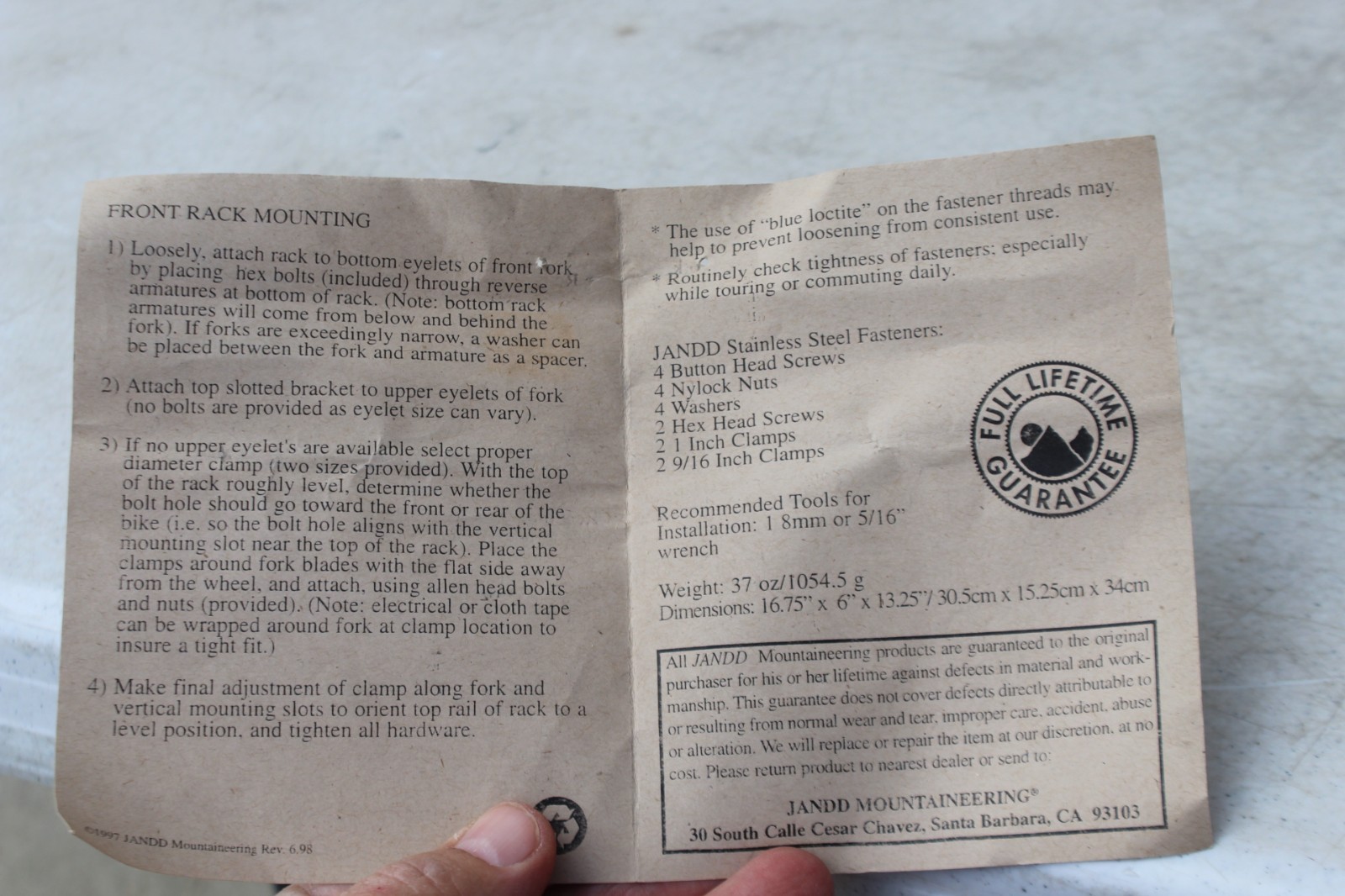 Jandd Stainless Steel fasteners Extreme Front Rack w Instructions Hardware Clamp