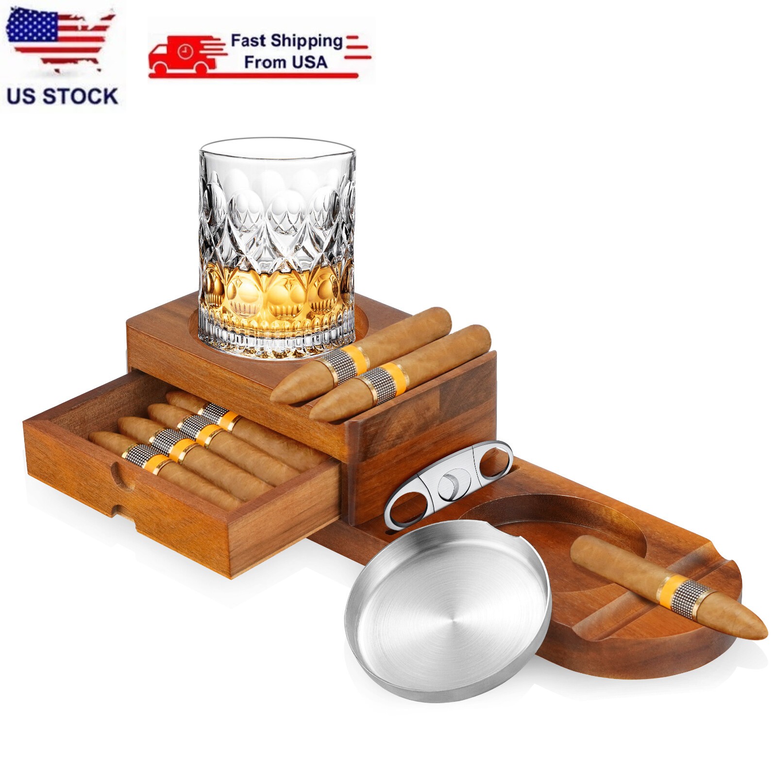 Cigar Ashtray Coaster Whiskey Glass Tray & Wooden Ash Tray