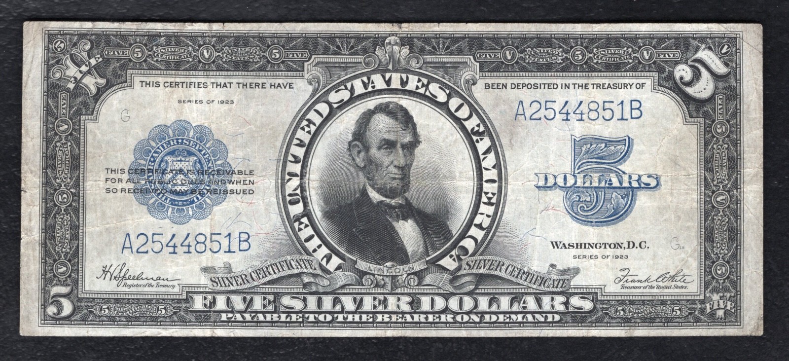 FR. 282 1923 $5 FIVE DOLLARS “PORTHOLE” SILVER CERTIFICATE CURRENCY NOTE VF