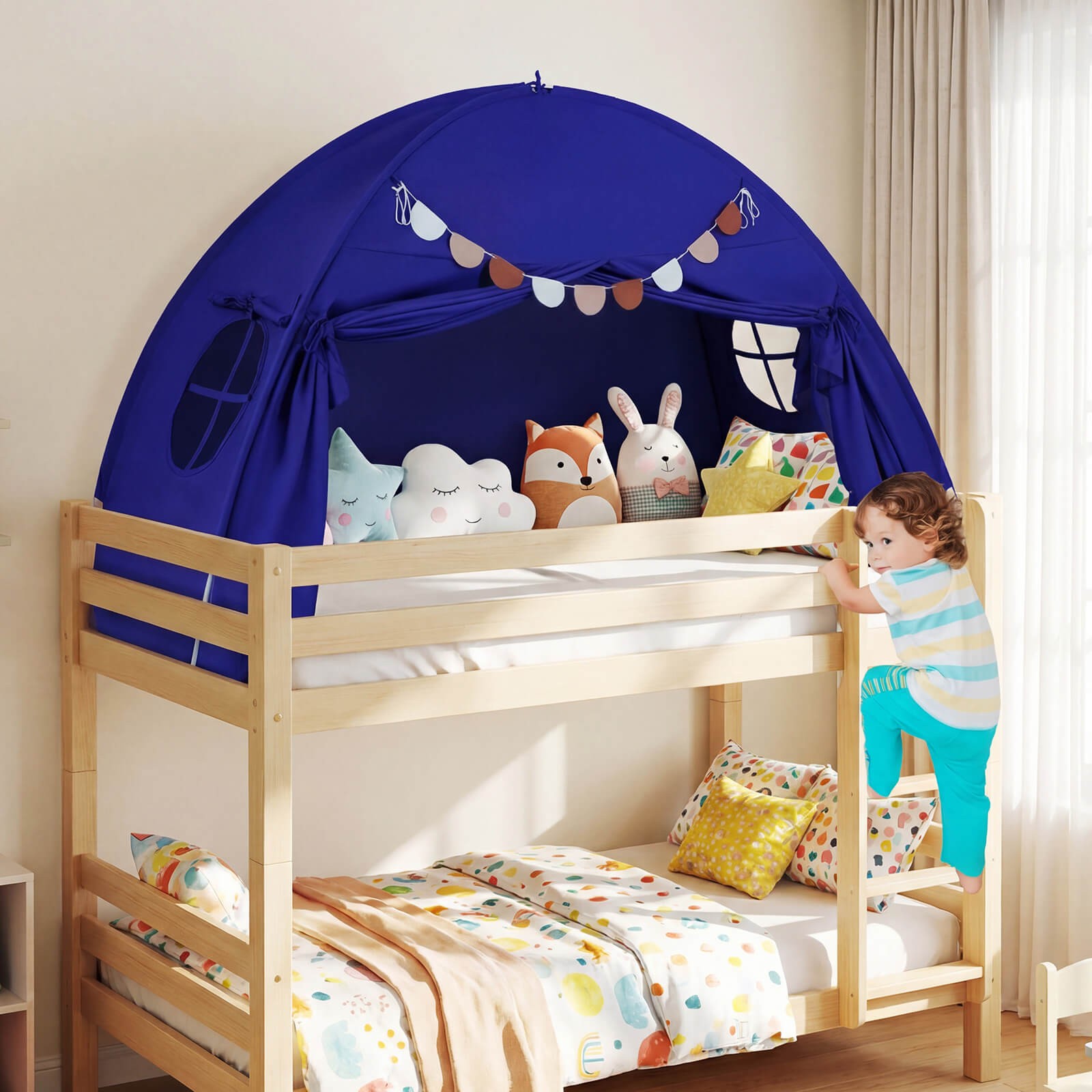 Twin Size Bed Tent w/2 Windows, Flags for Boys & Girls Aged 3+ Years Old