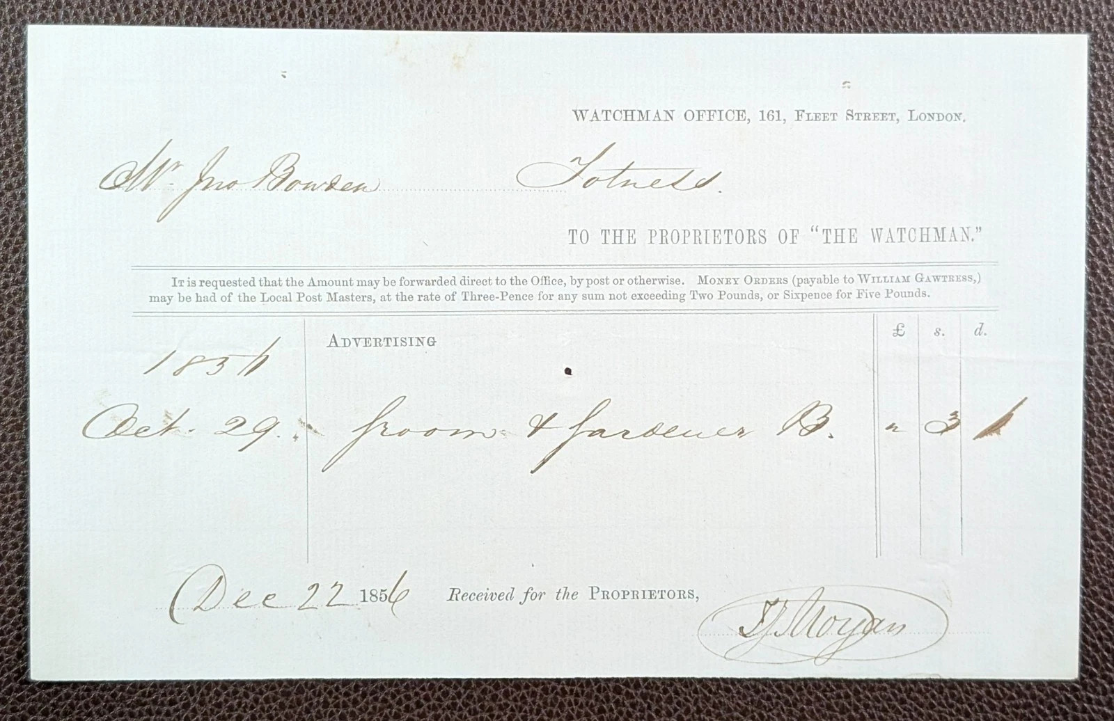 1856 Proprietors The Watchman 161 Fleet Street London Receipt to Bowden, Totnes