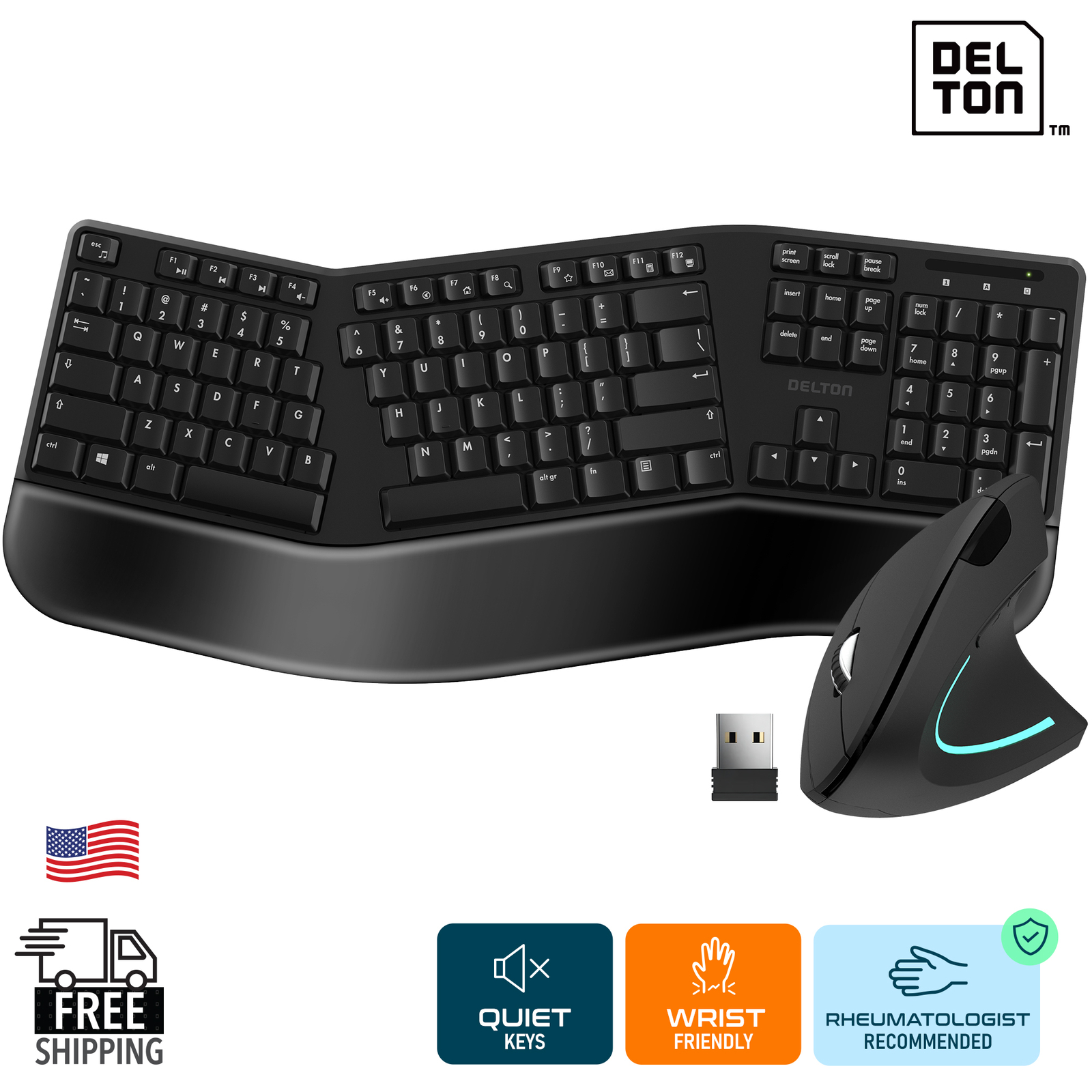 Delton KB200/S12 Wireless Ergonomic Keyboard and Optical Mouse Combo - Black