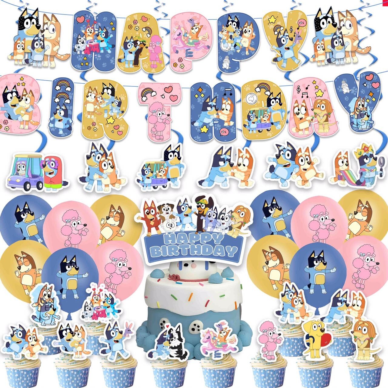 Blue Sheepdog Theme Birthday Party Supplies Set,Banner Balloons Cake Toppers