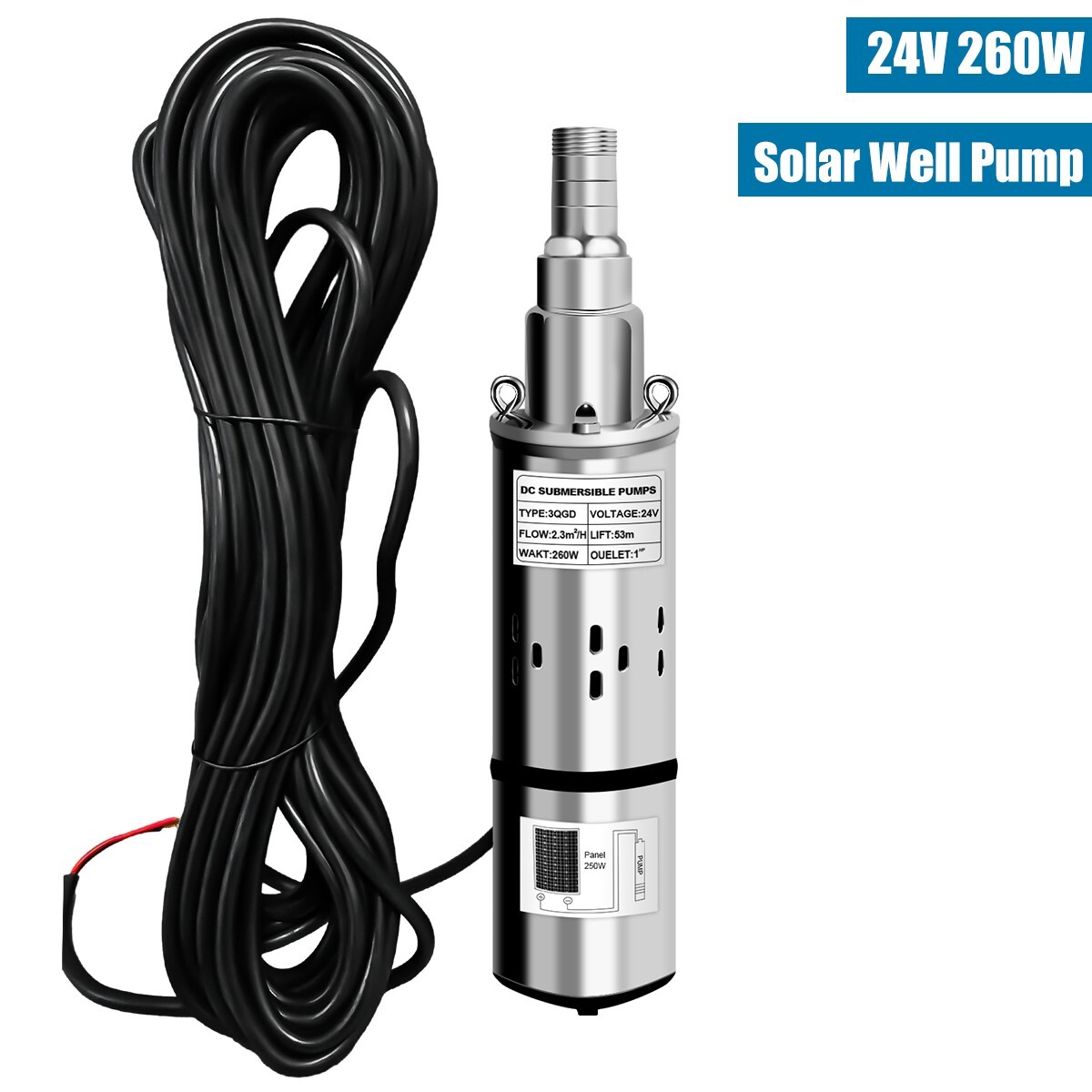 DC 24V 3'' Solar Deep Well Pump Water Pump 2300L/h Stainless Steel Submersible