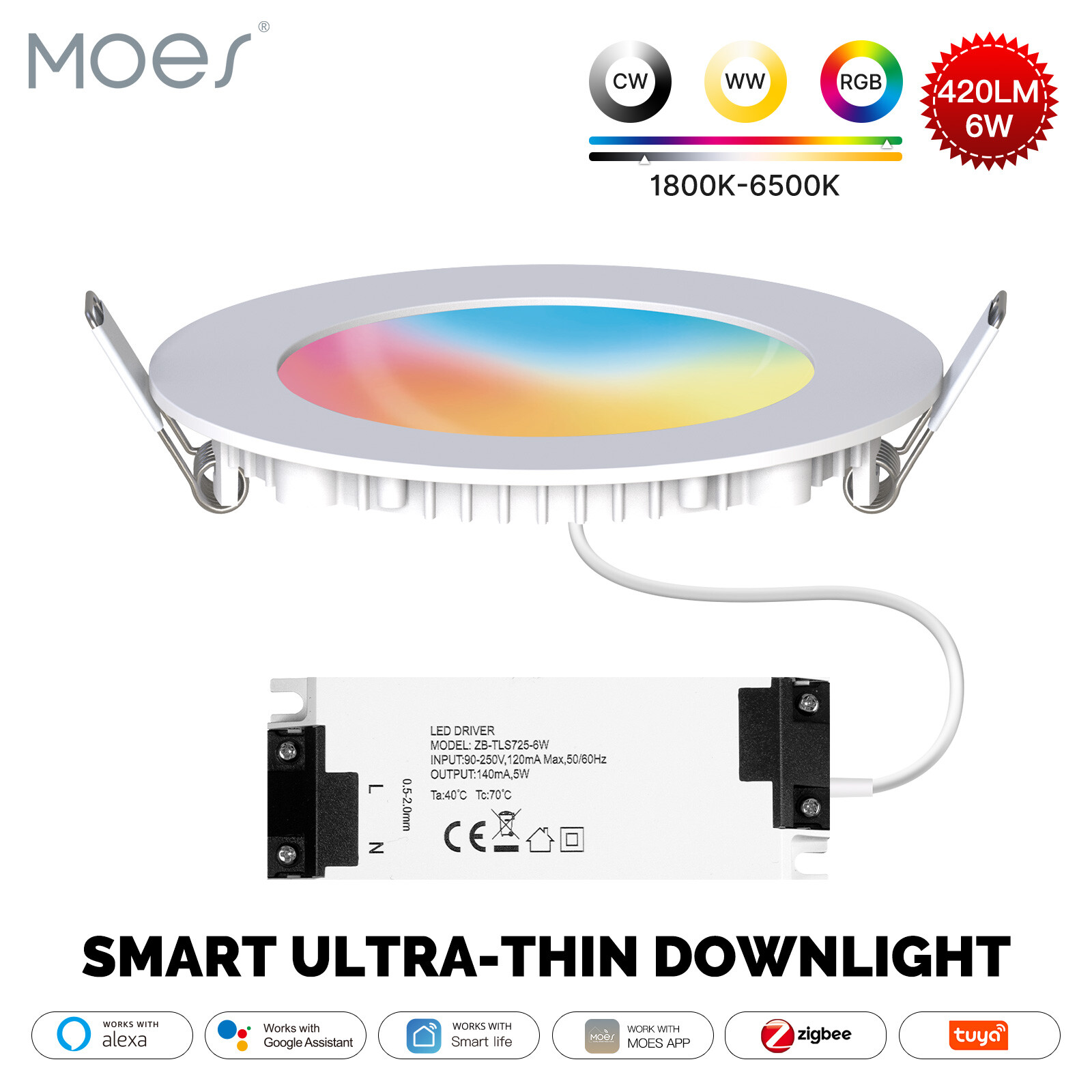 MOES ZigBee Smart LED Downlight Dimmable Ultrathin Spot Lamp Bulb 4.7" 6W RGB CW