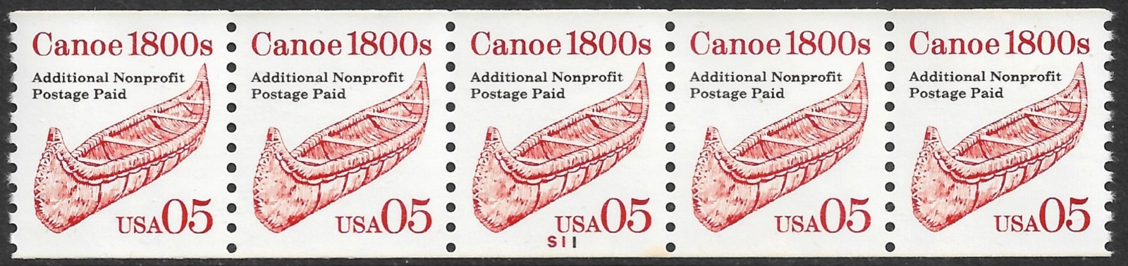 US Stamp #2454 5c. Canoe Coil Strip of 5 Plate #S11 MNH