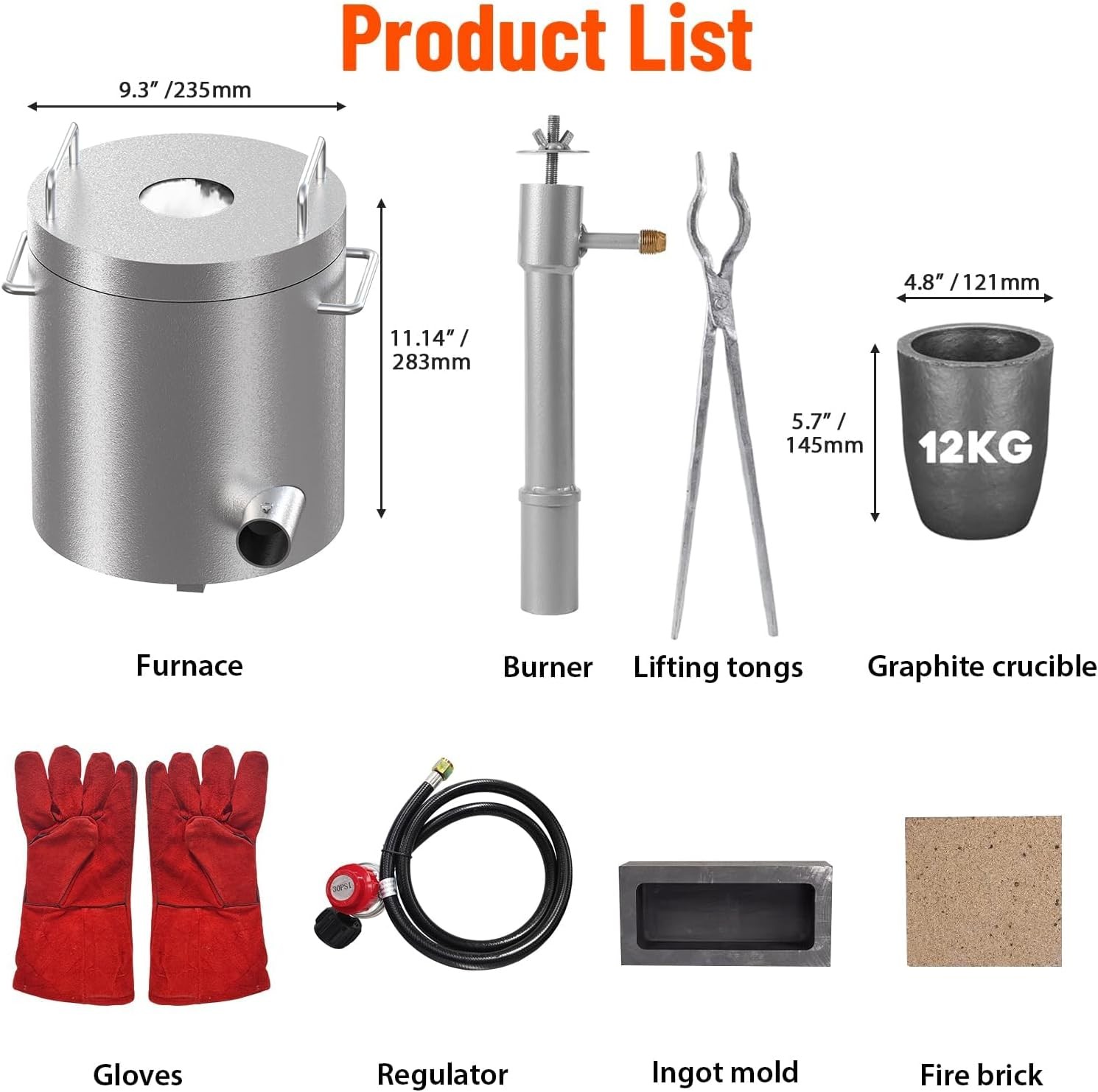 Stainless Steel 12KG Propane Melting Furnace Kit with Crucible & Tongs 2700°F