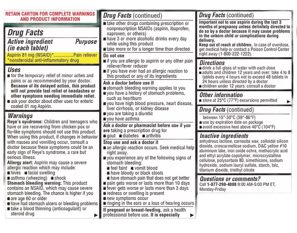 Member’s Mark Low Dose Aspirin 81 mg 730 Tablets Exp 9/2027 Compare To Bayer
