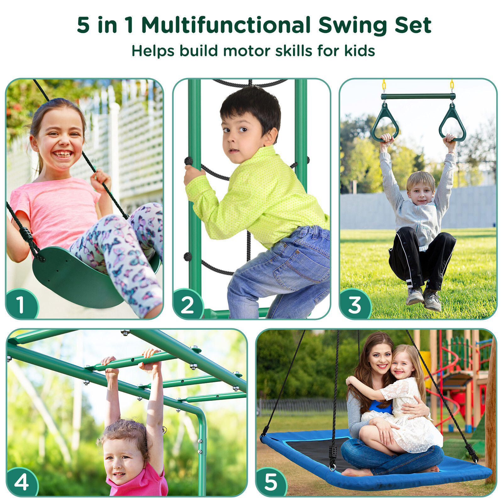 Heavy Duty Kids Metal Swing Set with 2 Swings Ladder and Monkey Bar for Backyard