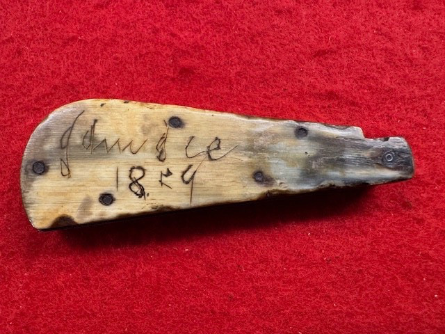 1859 CIVIL WAR THREE BLADE FLEAM, HORN SCALES, NAME ENGRAVED & DATED  (674)