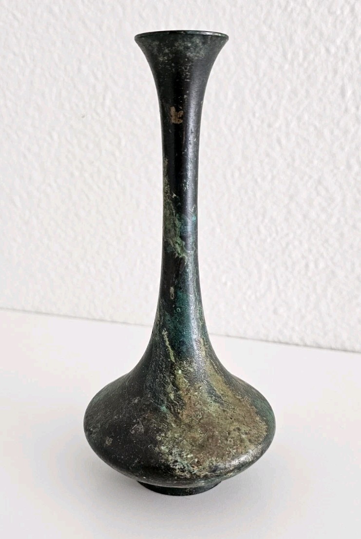 Antique Bronze Bud Vase Green Patina Bulbous Base Flared Neck Art Nouveau Flower