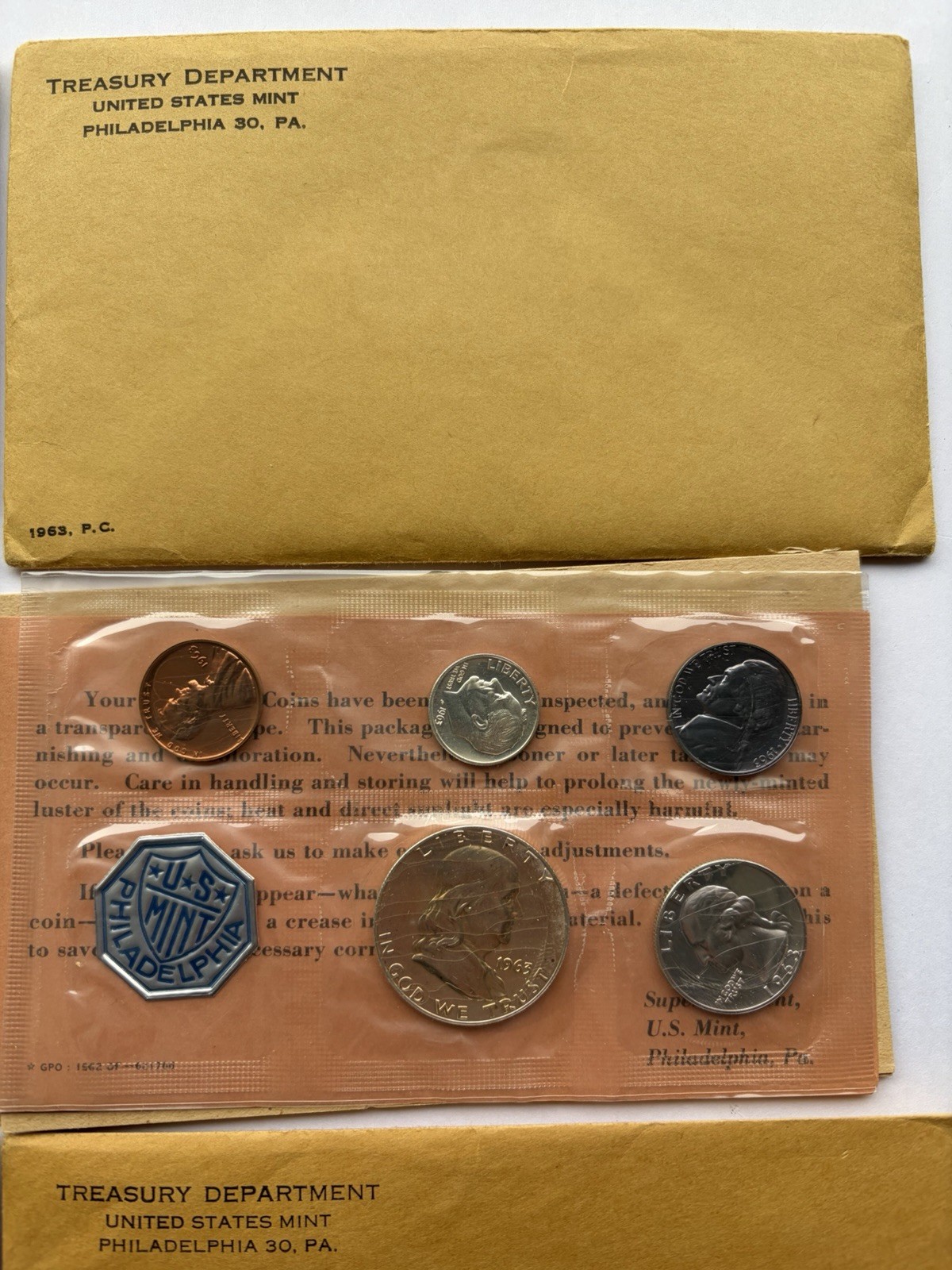 FRANKLIN HALF 1963 P U.S. MINT 90% SILVER PROOF SET 5 COINS & ENVELOPE & INSERT