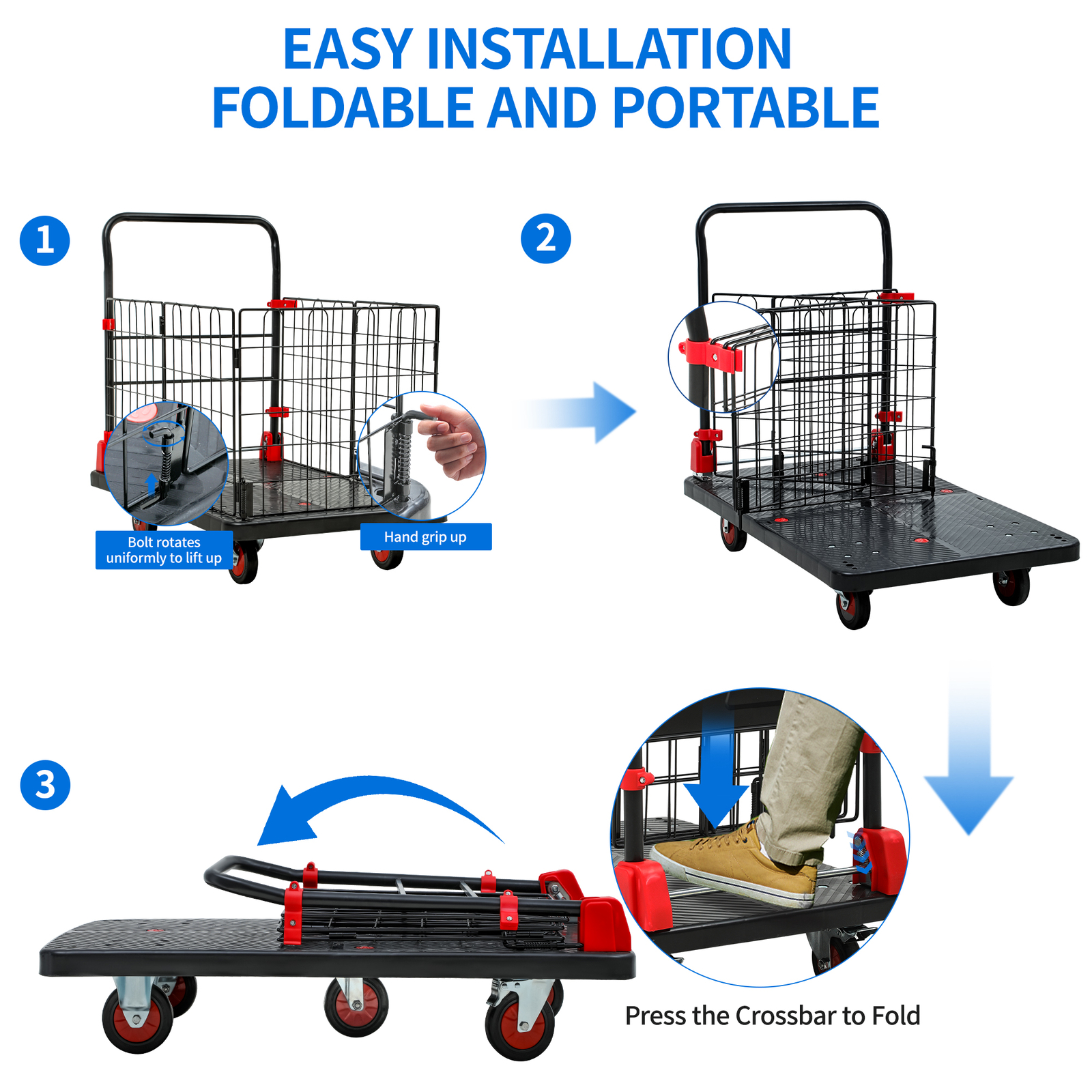 880LBS Platform Truck Cart Folding Dolly Cart Trolley Fence with Removable Cage