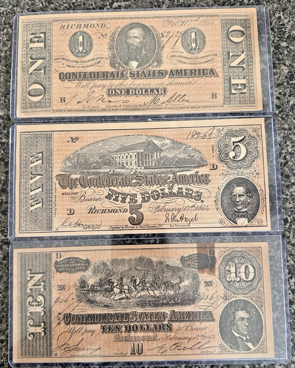 Lot of 3 Confederate States of America Bills $1, $5 & $10 Whitman Series