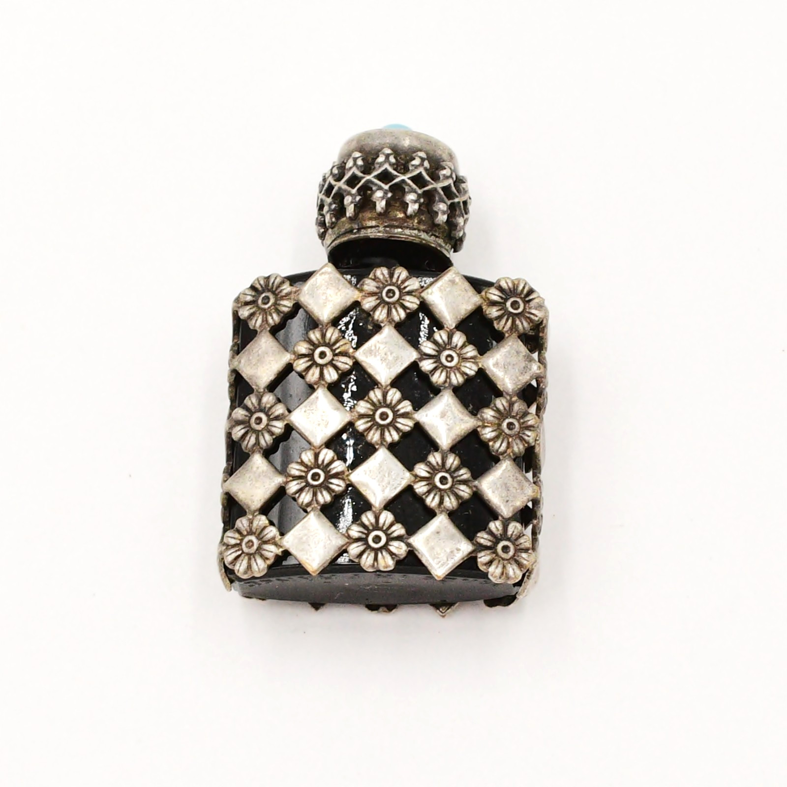 Sterling Silver 925 Vintage Turquoise Gemstone Flower Perfume Bottle