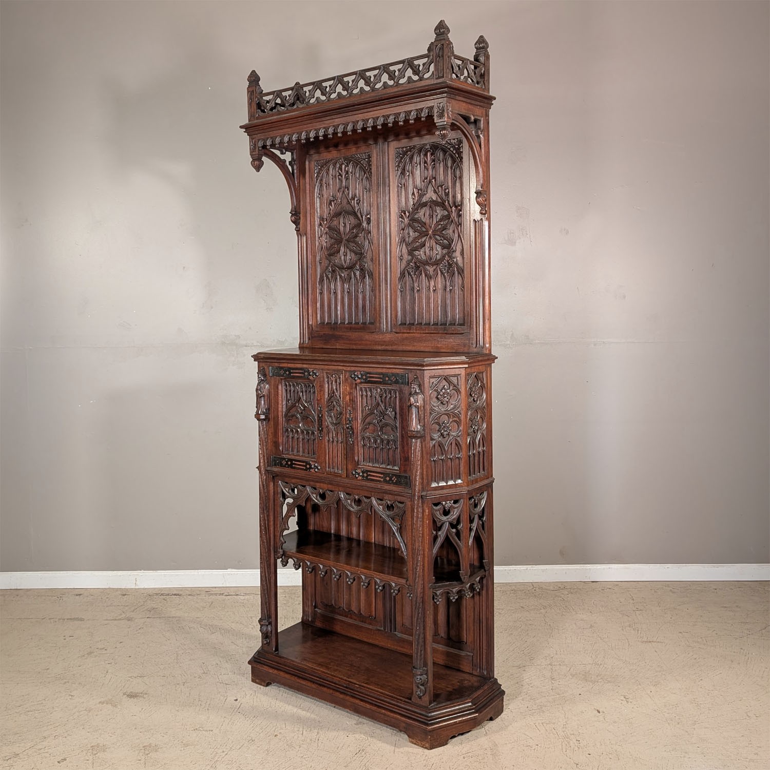 Premium Quality Antique French Gothic Carved Walnut Cabinet Pedestal