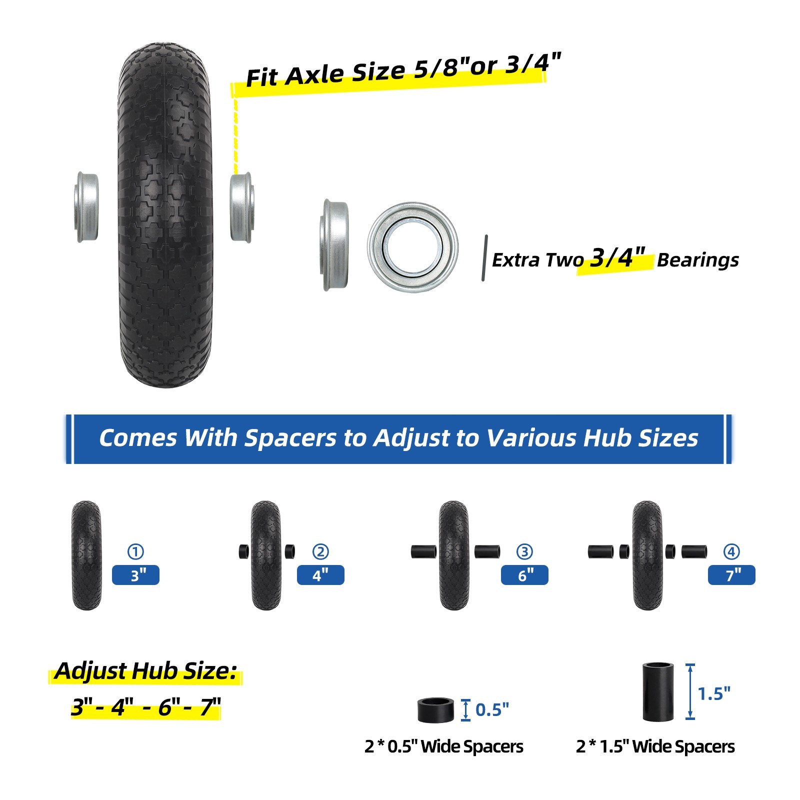14.5 x 3.50-8 Flat free Tire & Wheel for Wheelbarrow Garden Wagon Trolley Cart