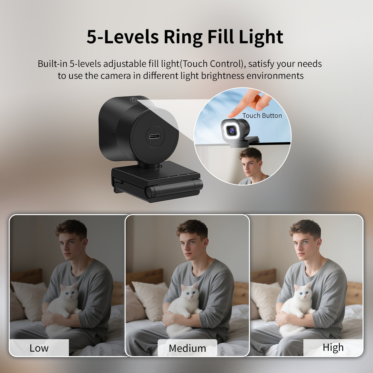 TOALLIN 4K PDAF Webcam,Built-in Ring Light & Remote,Dual Mics,Wide Compatibility