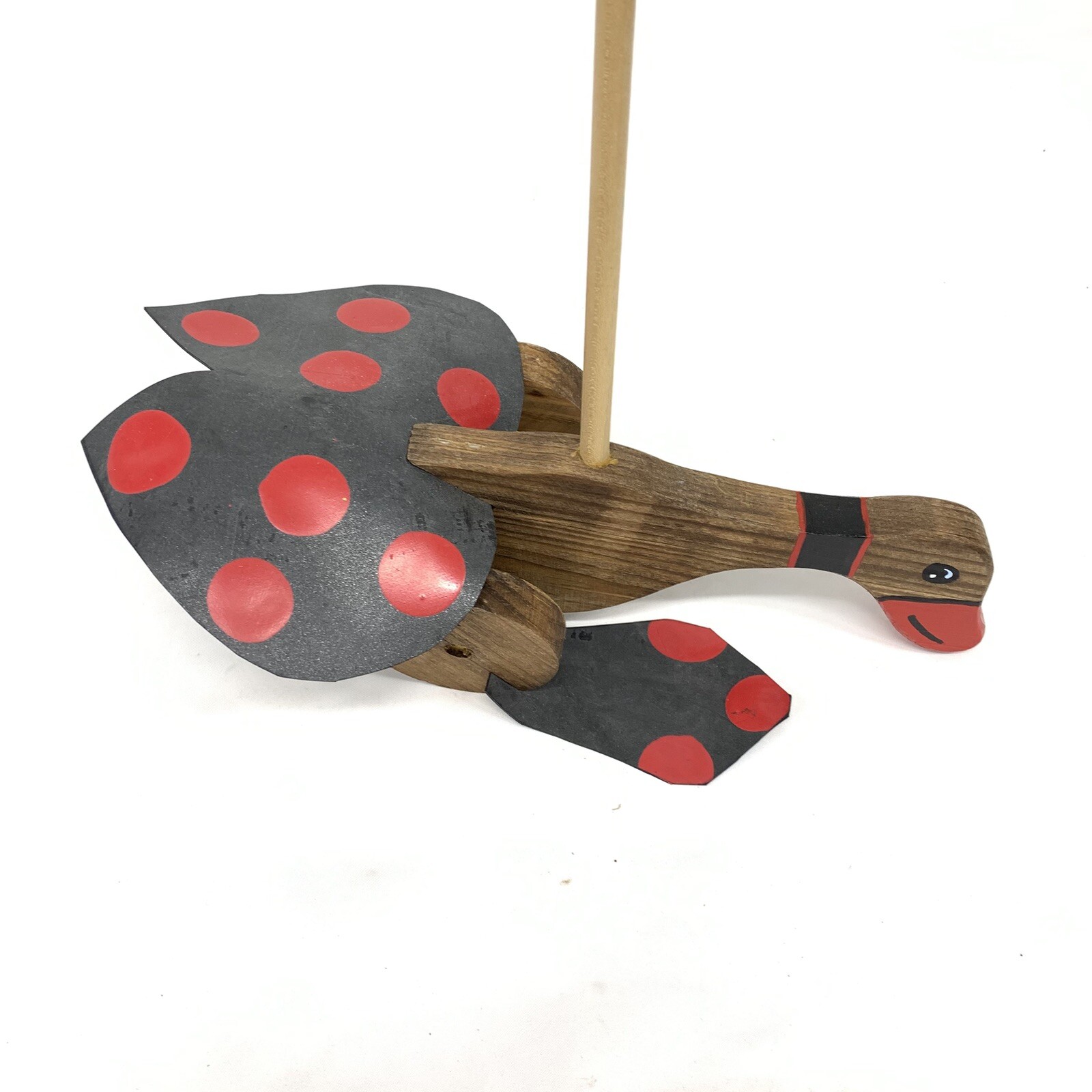 VTG WOOD PUSH WALKING DUCK RUBBER FLAPPY FEET ON STICK TOY 26” Hand painted Red