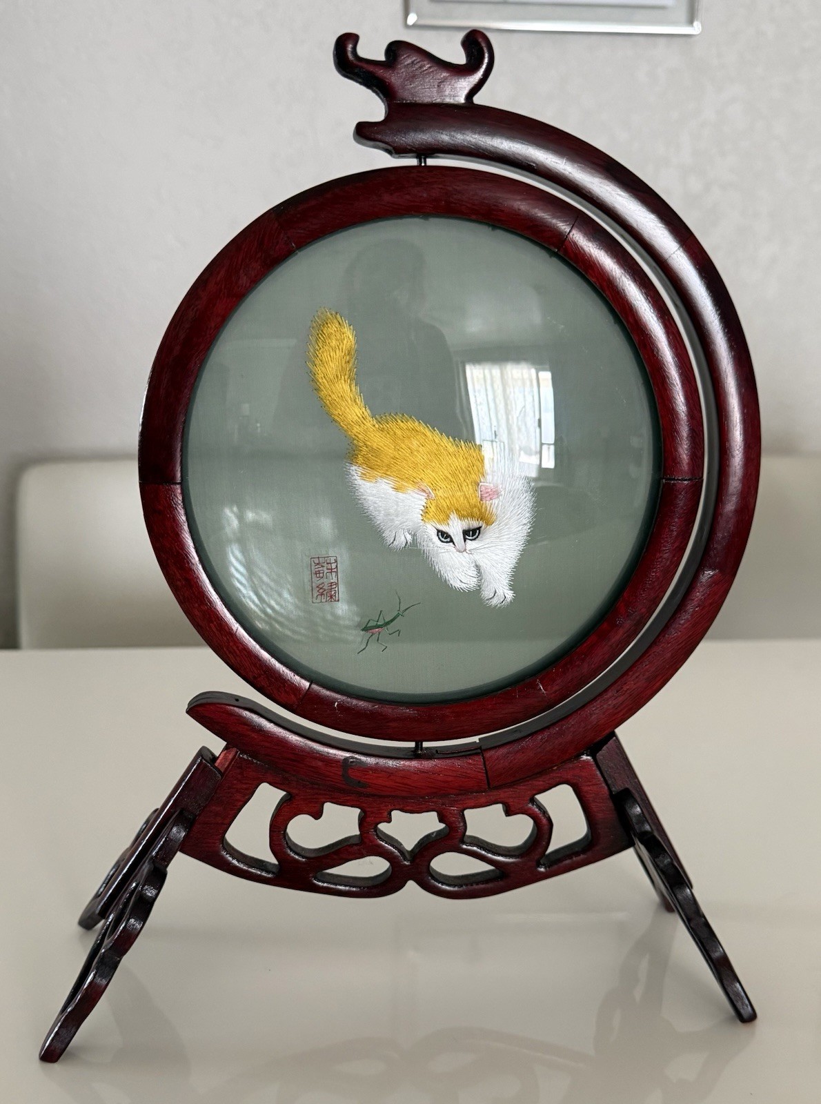 VTG Asian Cat & Mantis Double Sided Silk Embroidery Screen Rotating Wood Frame