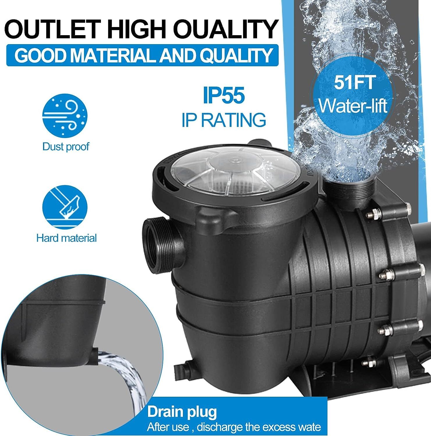 Hayward 1.5HP Swimming Pool Pump In/Above Ground w/ Filter Strainer & Connectors