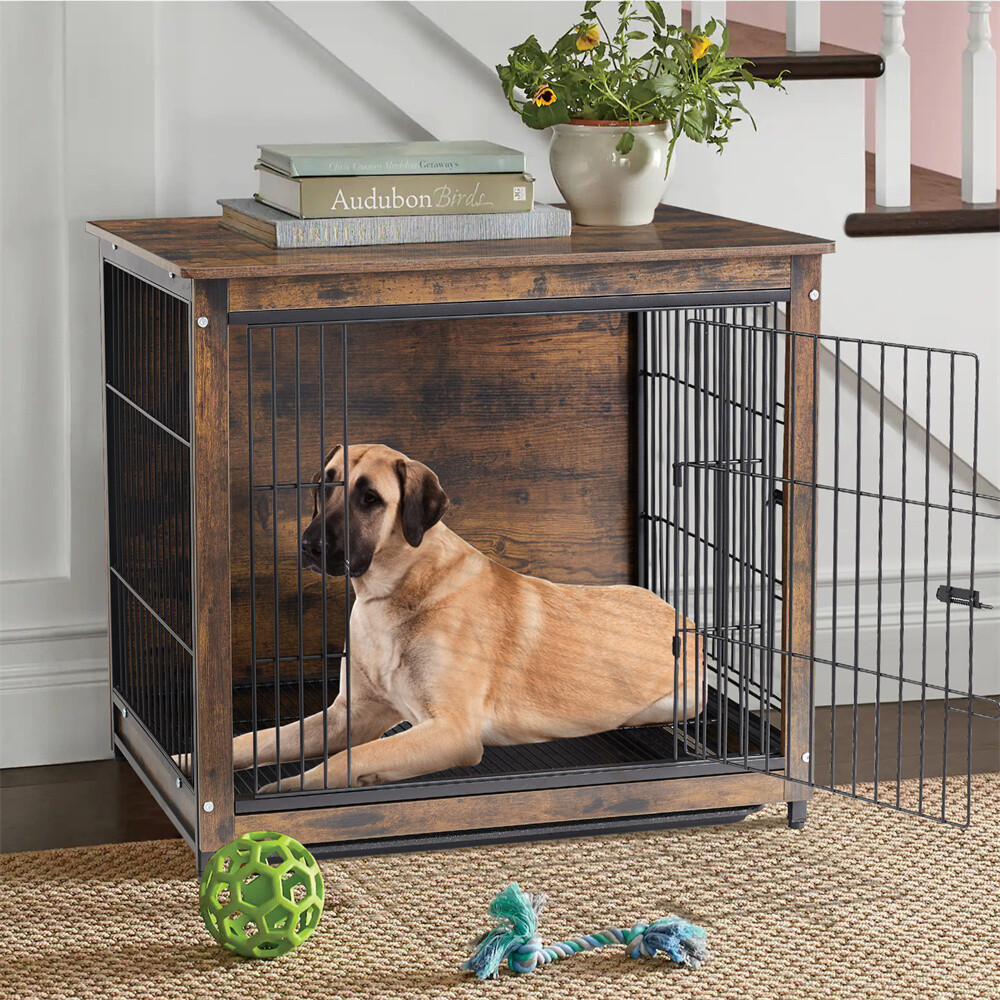 Large Dog Crate Wooden Kennel Heavy Duty Cage with Tray End Table Pet Furniture