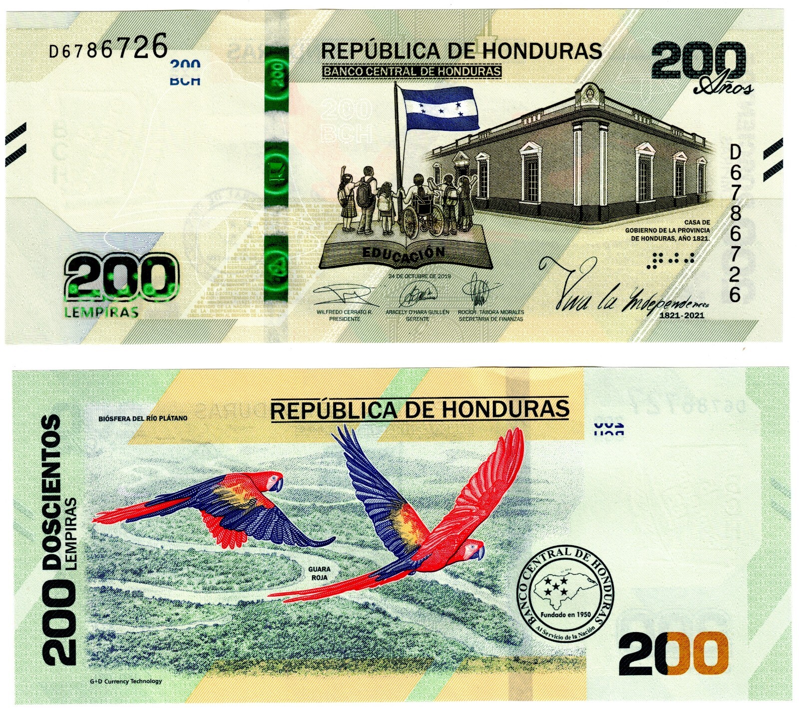 2021 Honduras 200 Honduran Lempiras Banknote P105 UNC Commemorative