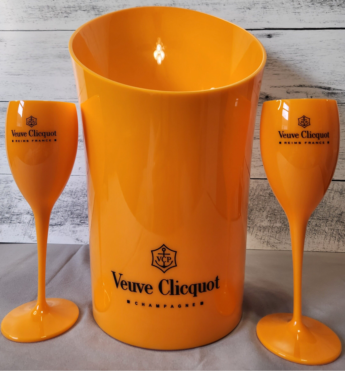 Veuve Orange Plastic Champagne Flute Glass | Matching Ice Bucket Set Options