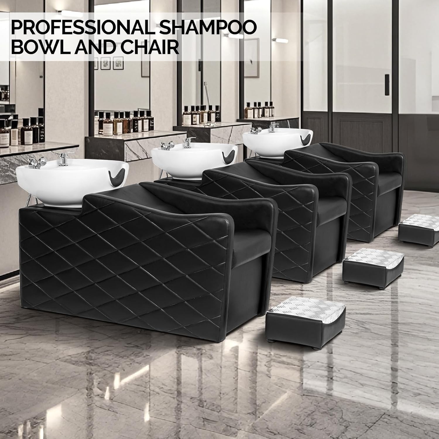 Salon Shampoo Bowl and Chair Set Hair Washing Station with Ceramic Shampoo Sink