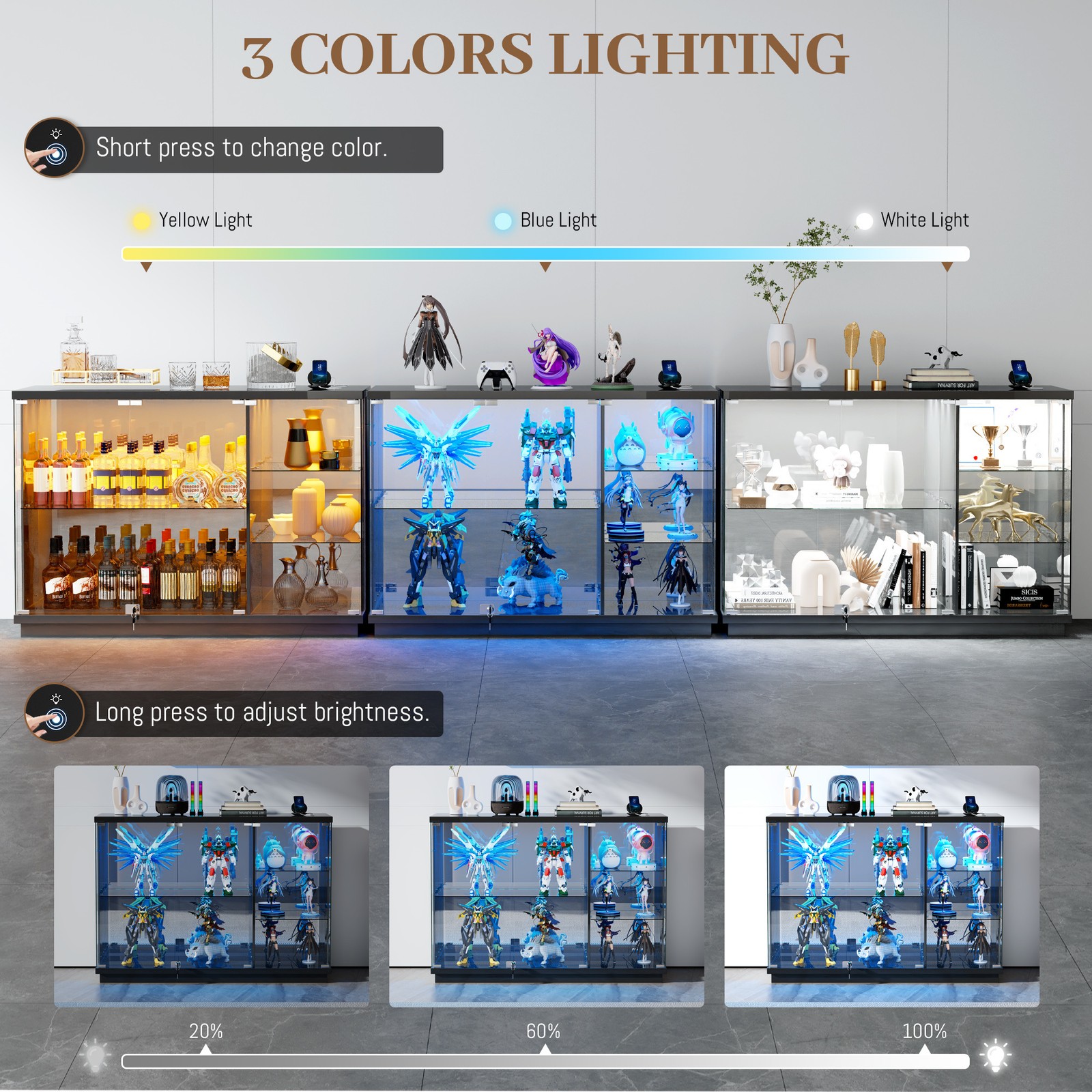 Black Glass Display Case with LED Light for Collectibles, Lockable Curio Cabinet