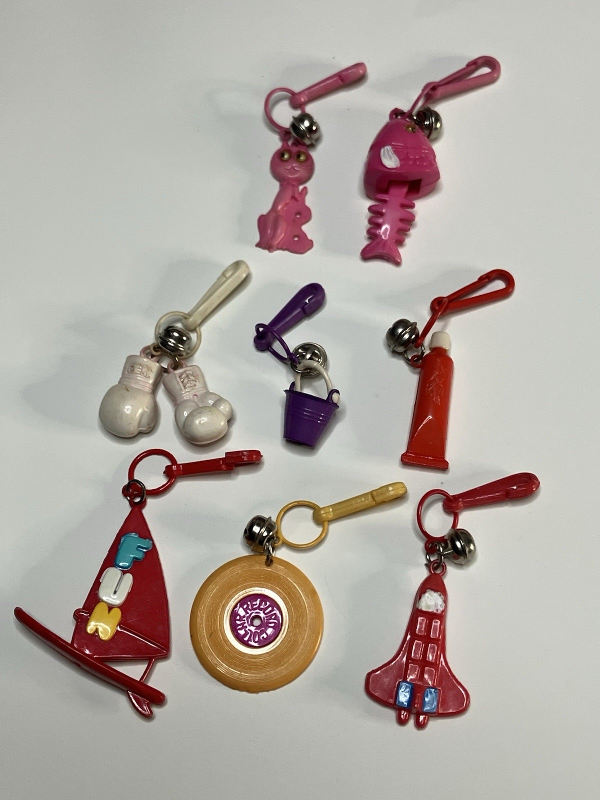 Lot of Vintage 1980s Clip On Charms Plastic Bell Keychains Googly Eye Fish