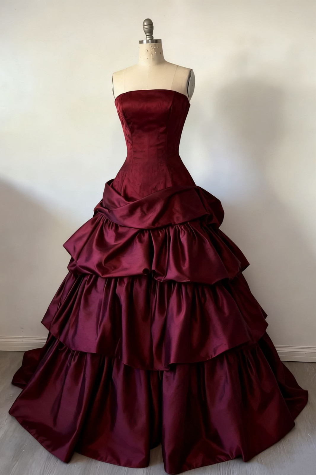 Burgundy Wedding Dresses Strapless Ruched A Line Tiered Satin Bridal Gowns