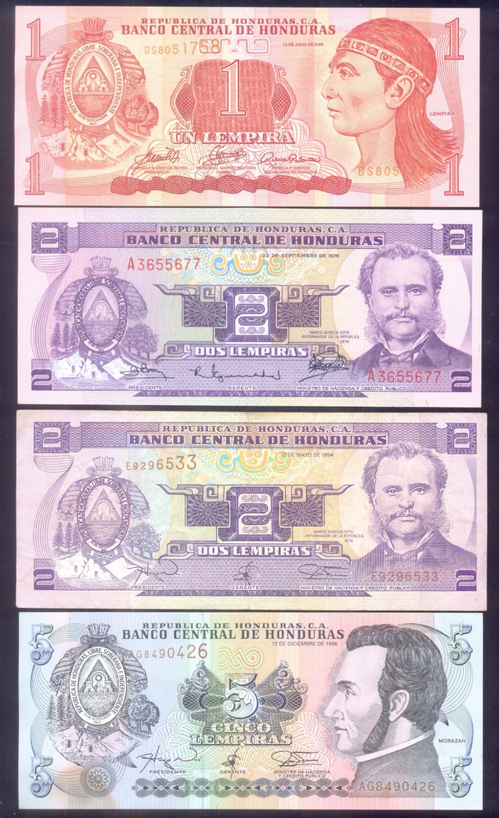 Honduras Set 1 - 100 Lempiras 1965-2008 VG - UNC