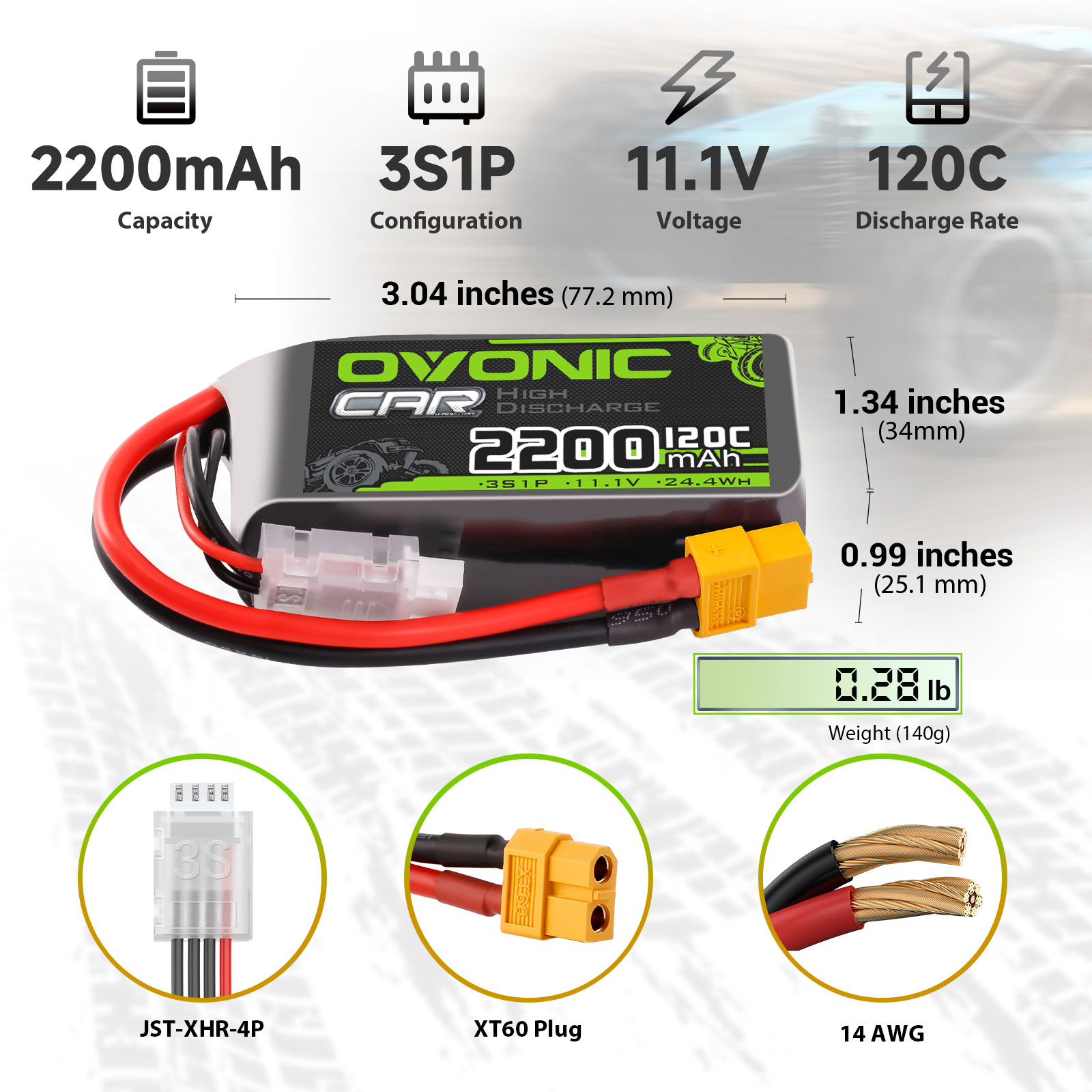 2X OVONIC 11.1V 120C 2200mah 3S Lipo Battery XT60 With 1-8S Lipo Voltage Tester