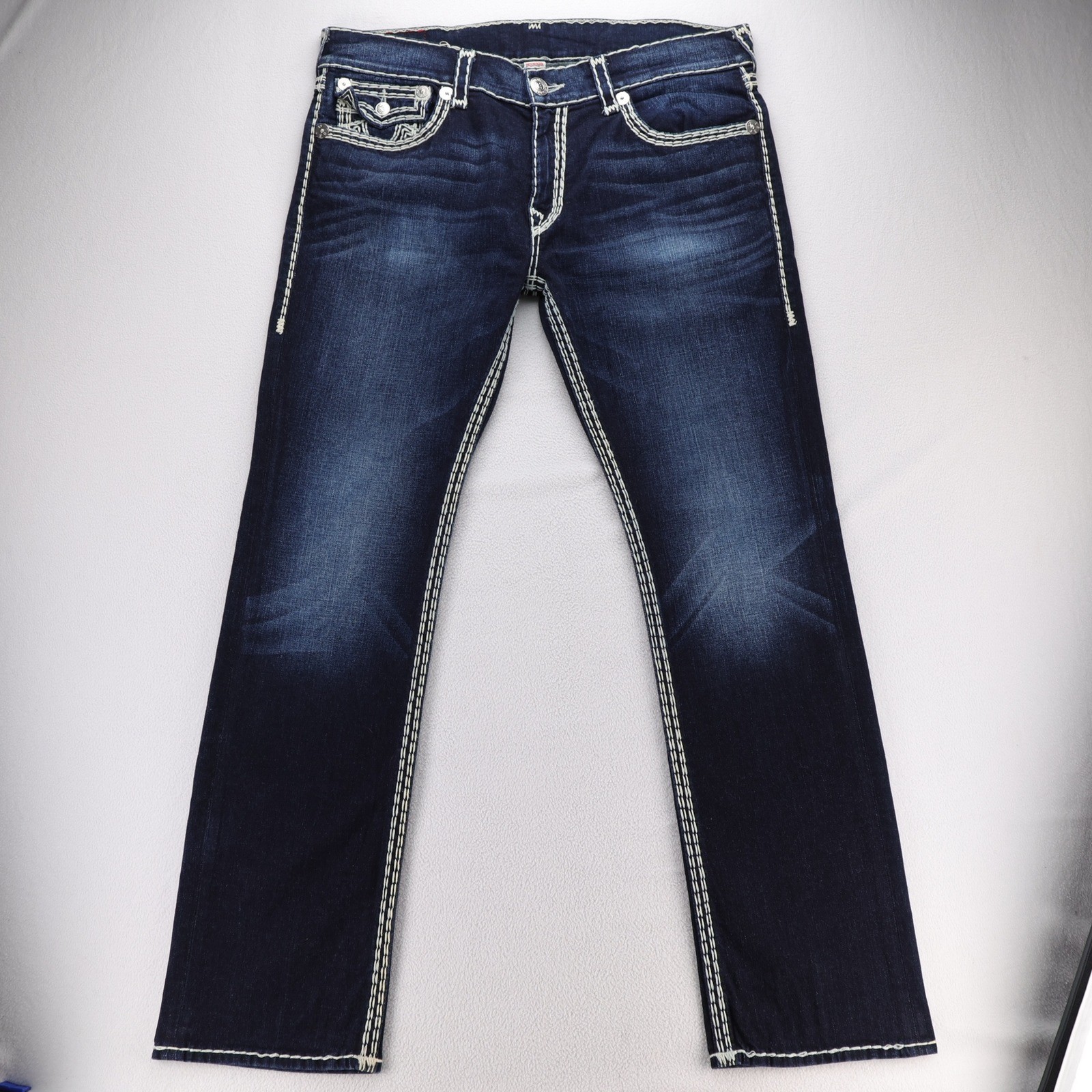 True Religion Straight Flap Super QT Jeans Mens 38 Dark Wash White Thick Stitch