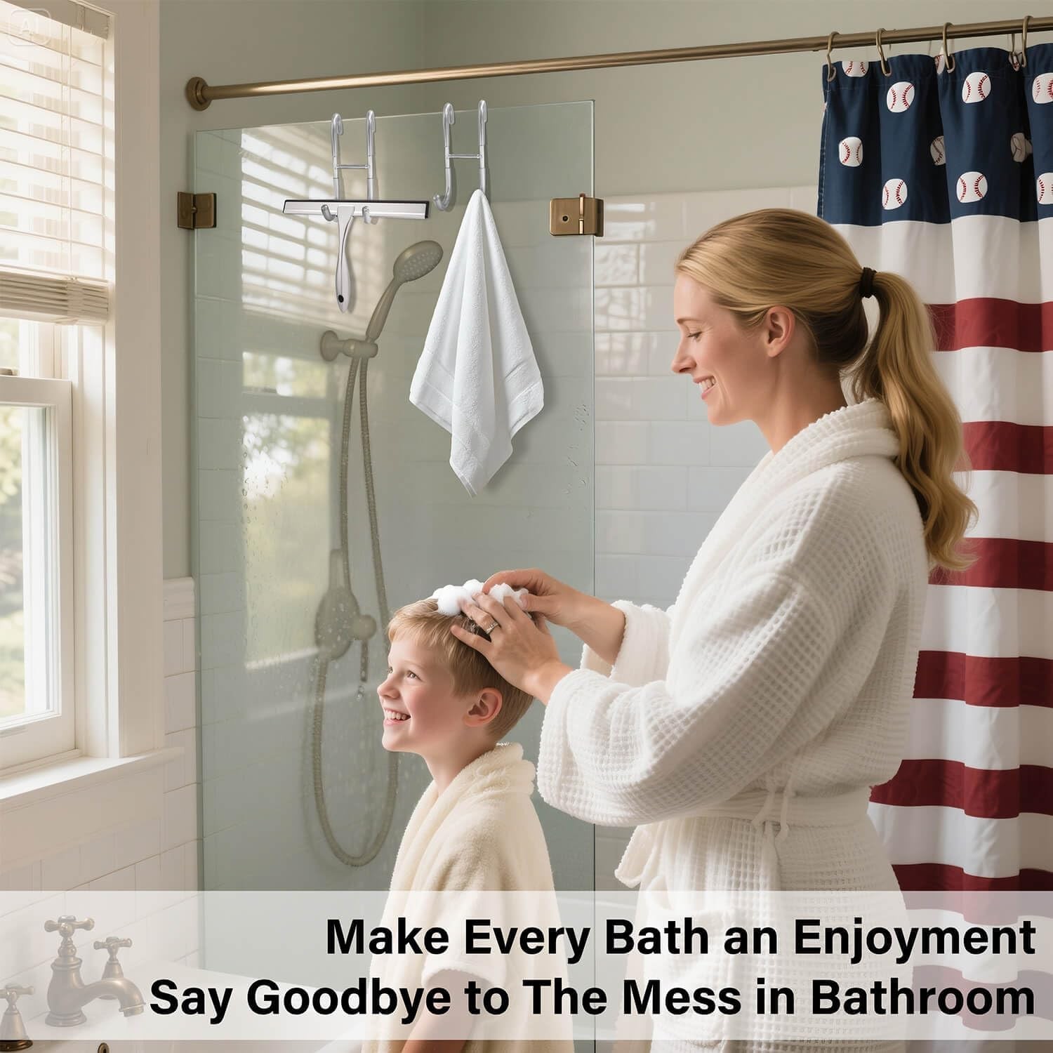 Shower Door Hooks for Towels & Squeegee - No Drill Bathroom Hooks for Frameless
