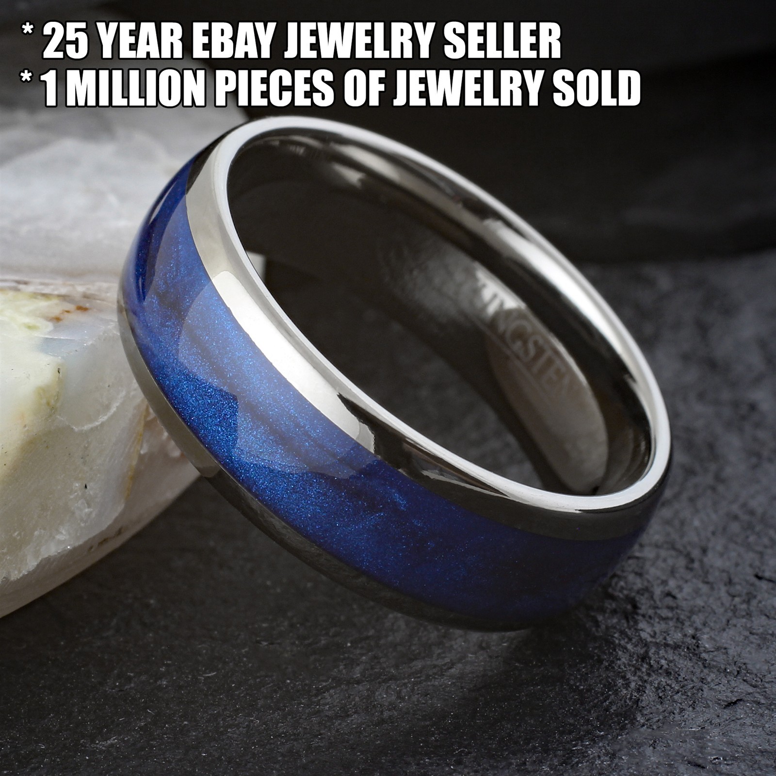 Gunmetal Tungsten Carbide Blue Flowing Sand Wedding Band Ring