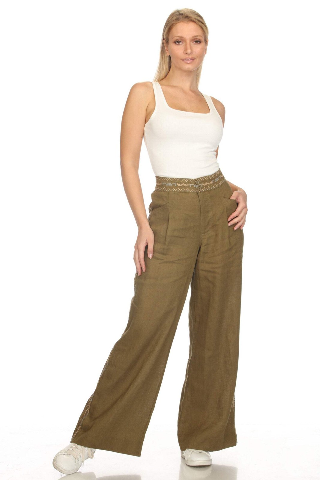 Johnny Was Martini Olive Gloria Wide Leg Pleat Pant J63725-6