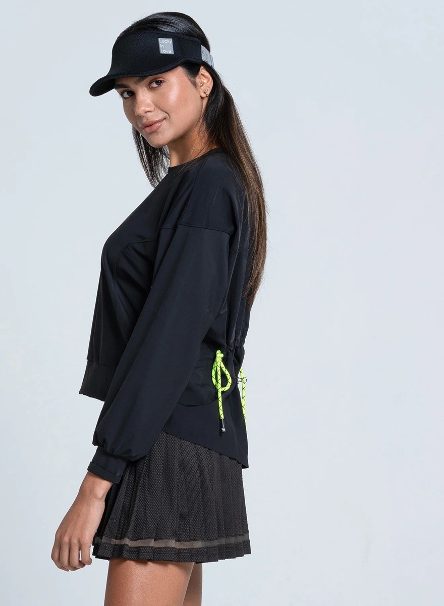 NEW Lucky In Love SMALL Long Sleeve Black Tennis Top Mesh Inserts Drawcord Back