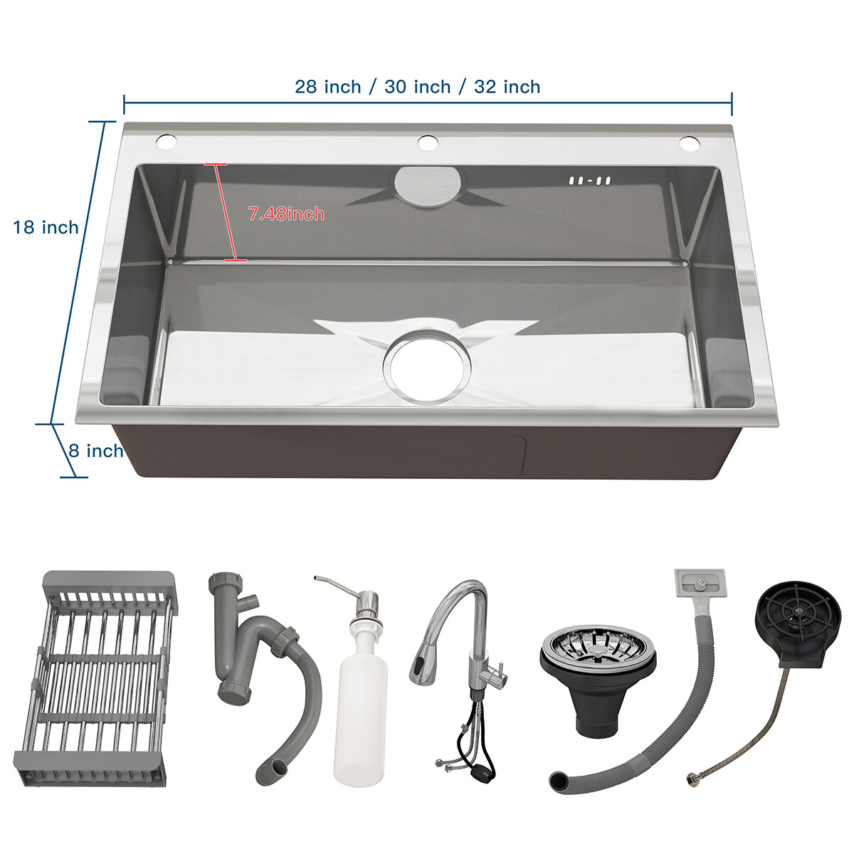 Silver Kitchen Sink Stainless Steel 28"/30"/32" Single Bowl Drop In Top Mount