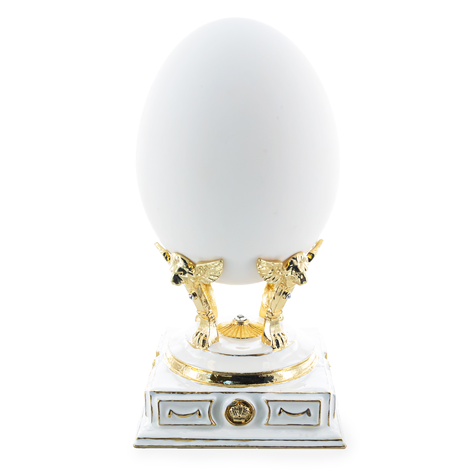 Golden Hands on White Enamel Pedestal Metal Egg Stand Holder Display