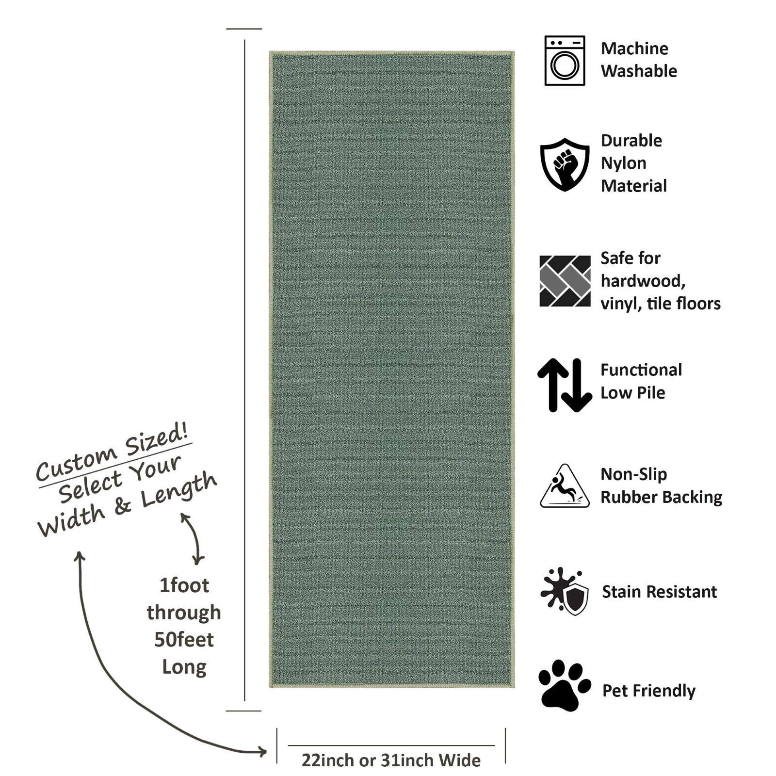 Custom Size SOLID TEAL GREEN Stair Hallway Runner Rug Non Slip Rubber Back