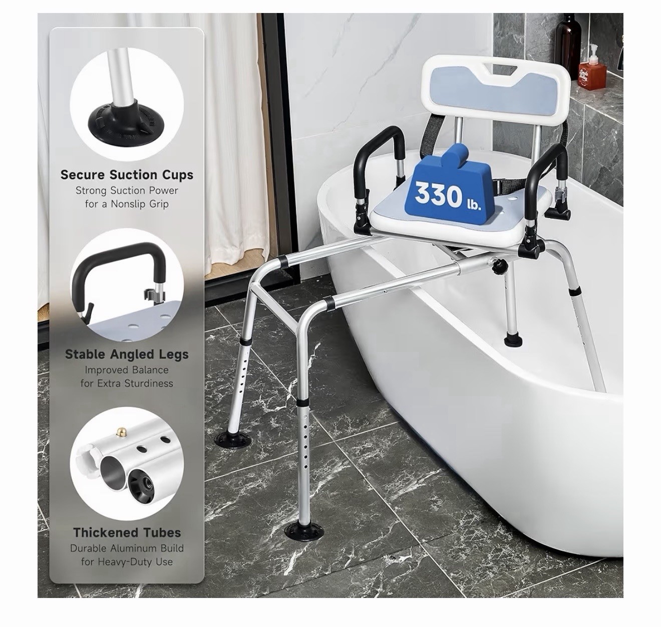CO-ZSliding Shower Chair with 360° Swivel Seat 12Level Tub Transfer Bench with