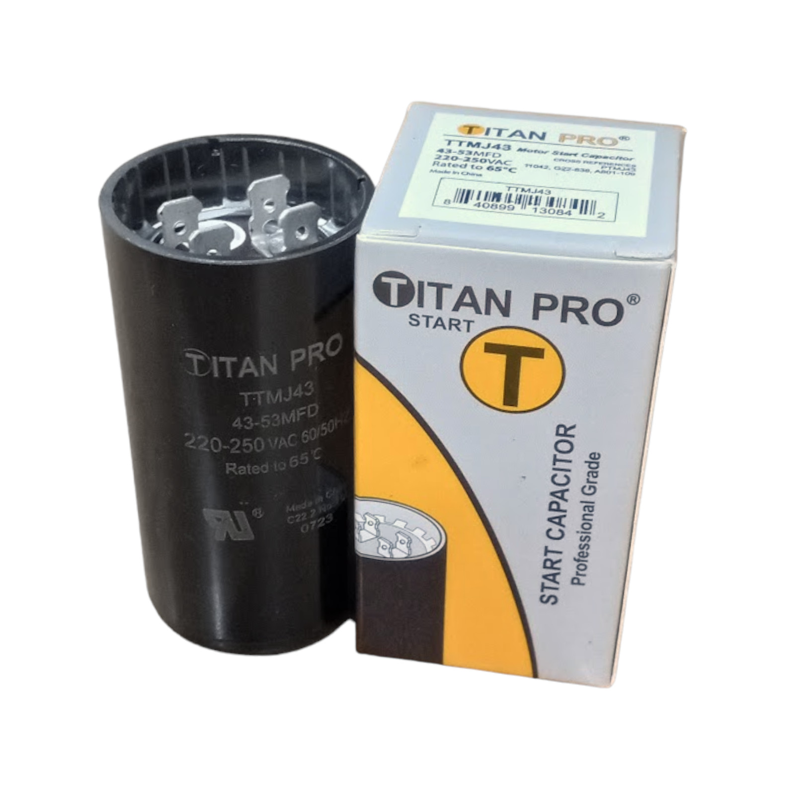 Titan Pro TTMJ43 Motor Start Capacitor 43-53 MFD UF / 220-250 VAC